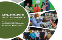 Arte feita com fotos de pessoas realizando ações ambientais. Na parte esquerda a informação: Justiça do Trabalho e Gestão Socioambiental