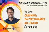 Arte com fundo bege, tendo elementos multicoloridos à esquerda, onde também se vê a foto de um homem jovem, claro e sorrindo, dentro de um círculo com borda amarela. À direita, leem-se informações sobre o evento em letras pretas e laranja. Na base, à esquerda, as logomarcas do TRT-16 e da Escola Judicial.