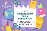 Imagem de fundo lilás com ilustrações de elementos escolares nas bordas. Ao centro, imagem de folha de papel, onde se lê o nome do programa e do Colégio Educallis.