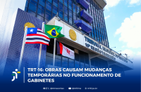 Arte feita com a foto da fachada do prédio sede do TRT. Na parte inferior a informação: TRT-16: Obras causam mudanças temporárias no funcionamento de Gabinetes 