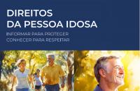 Arte feita para na cor azul. Na parte superior a informação: DIREITOS DA PESSOA IDOSA. Na parte inferior, ilustrações retratando um homem com cabelos grisalhos, e um casal  de idosos realizando uma caminhada.
