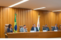 Foto de uma mulher e quatro homens sentados em cadeiras marrons atrás de uma mesa de madeira. Atrás deles, duas bandeiras e parede de madeira ripada.