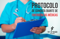 Foto de médico escrevendo numa prancheta. No canto superior direito, o nome do protocolo. No canto inferior direito, a logomarca do TRT-16.