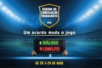 Arte com fundo azul. No centro destaque: Semana da Conciliação Trabalhista 2026. Um acordo muda o jogo