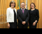 Nova gestão do Coleprecor: Desembargadores Lourdes Leiria (TRT12-SC), James Magno (TRT16-MA) e Beatriz Theodoro (TRT23-MT).