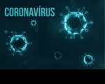 Imagem em fundo preto com símbolos em verde remetendo ao Coronavírus