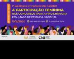 Imagem com mulheres ao fundo e título do seminário “A Participação Feminina nos Concursos para a Magistratura”