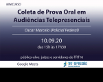 Imagem em fundo azul com informações sobre o minicurso da EJUD16 "Coleta de Prova Oral em Audiências Telepresenciais"