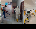 Três fotos com imagens de sanitização nas Varas do Trabalho do interior do estado