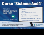 Imagem com fundo azul e branco, com informações sobre o curso "Sistema Aud4", promovido pela Ejud