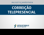 Imagem com marca do TRT e faixa azul escrito Corrreição Telepresencial
