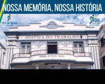 Imagem com a fachada do prédio histórico da Justiça do Trabalho na praça Deodoro agregada à marca do TRT e à marca comemorativa dos 80 anos da Justiça do Trabalho