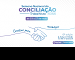 Arte do CSJT da 6ª Semana Nacional da Conciliação Trabalhista. Imagem com linhas fluidas que se encontram e formam um aperto de mãos, simbolizando a conciliação entre as partes processuais.