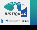 Logo do Programa Justiça 4.0, nas cor branca e tons de verde e azul, com as logos das instituições parceiras: PNUD, CNJ e Conselho da Justiça Federal