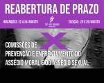 Foto de mulher com X sobre os lábios e texto candidate-se em lilás e nome da comissão de prevenção e de enfrentamento do assédio moral e assédio sexual.