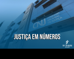 Fachada do CNJ na tonalidade azul com vista de baixo para cima e composição da imagem com o texto Justiça em Números.