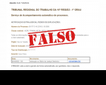 Imagem de um e-mail com um carimbo vermelho por cima, onde está escrita a palavra FALSO.