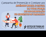 Ilustração de fundo azul claro com desenho de uma mulher em pé em conversação com um homem sentado à uma mesa, usando um notebook branco. No alto, o nome da campanha em texto preto e salmão. No canto inferior direito, logomarca do TRT-16 na versão preta.