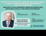 Imagem em fundo verde com textos de cor branca e preta. Ao lado esquerdo, imagem de um homem com terno e gravata escura. Ao lado direito, logomarca da justiça do trabalho na cor azul. 