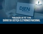 Recorte fotográfico de pessoa sentada a uma mesa, usando notebook. Na tela do equipamento, aparece o nome Diário da Justiça Eletrônico Nacional. Abaixo, o texto branco em caixa alta PUBLICAÇÕES DO TRT-16 NO DIÁRIO DA JUSTIÇA ELETRÔNICO NACIONAL. Tudo está coberto por uma película azul transparente. No canto superior direito, destaca-se a logomarca do TRT-16 num ponto de luz.