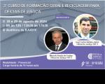 Na imagem é destacado na parte superior o anúncio do 3º Curso de Formação geral e reciclagem para Oficiais de Justiça. Outras informações sobre data, horário e local, além de informações sobre modalidade, carga horária, publico alvo e inscrição. A direita encontram-se duas fotos dos instrutores: José Carlos Batista Junior (TRT-9) e Marcelo Araújo de Freitas (TRT-9).  Ao fundo, na parte superior, imagens de livros e do martelo de juiz. Na inferior, as logos da EJud16 e TRT-16