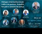 Imagem com fundo azul e título do evento no topo em letras brancas. Abaixo, veem-se sete círculos com fotos dos debatedores e informações de data, horário e logomarcas do evento.