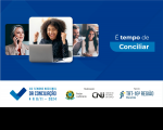 Arte de fundo azul mostrando três fotos de pessoas à esquerda e o slogan da campanha à direita, em texto branco. Na base, tarja branca com as logomarcas da campanha, do Poder Judiciário, do CNJ e do TRT-16.