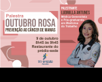 Imagem de fundo em vários tons de rosa. À esquerda, o nome da palestra e informações sobre o evento. à direita, foto, nome e qualificação da palestrante.