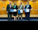 Foto da presidente do TRT-16 desa. Márcia Andrea Farias com ministros os TST : Guilherme Augusto Caputo Bastos e Sérgio Pinto Martins e com o presidente do Coleprecor, des. Eridson João Fernandes Medeiros