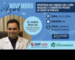 Arte de fundo azul claro com textos brancos e azuis escuros com informações do evento. No canto inferior esquerdo, foto do palestrante. Na base, logomarcas dos parceiros realizadores do evento.