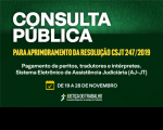 Arte com fundo em tons de verde. Em destaque, texto branco onde se lê CONSULTA PÚBLICA. Demais informações são vistas em textos amarelo e branco. Na base, logomarca da Justiça do Trabalho.