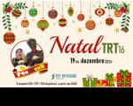 Arte com fundo bege, com enfeites de natal na parte superior, ao cento Natal TRT16. Foto do grupo Pão com Ovo