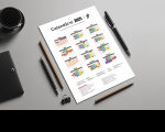  Arte, meramente ilustrativa, com fundo cinza com destaque para um calendário branco com as datas coloridas. 