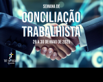 Recorte da foto de um aperto de mãos entre dois homens claros, ambos usando terno azul escuro. Ao fundo, imagem desfocada em azul claro. Ao centro, texto do evento. No canto inferior esquerdo, a logomarca do TRT-16, versão branca.