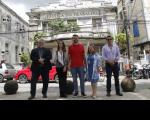 Foto mostra a diretora-geral do TRT16, Fernanda Muniz, o secretário de Estado da Cultura, Yuri Arruda, o secretário de orçamento e finanças do TRT-16, Júlio César, a chefe da DIVENG, Andréa Saldanha, e do servidor Marcelo Alencar. Ambos estão posicionados em frente ao prédio histórico da Justiça do Trabalho, na praça Deodoro em São Luis.