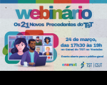 Arte com fundo cinza e a palavra WEBNÁRIO com letras coloridas em destaque. Abaixo, ilustração colorida de pessoas participando de webnário e informações sobre o evento.