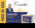Arte de convite para o lançamento do livro, contendo coluna amarela à esquerda, com a inscrição PRATA DA CASA em azul escuro. Ao centro, foto do autor, seu nome e qualificação. À direita, a palavra CONVITE em azul escuro sobre fundo claro e foto da capa do livro.