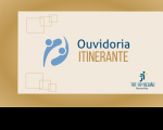 Imagem de fundo bege com moldura dourada. Ao centro, logomarca da Ouvidoria na cor azul e a palavra ITINERANTE em dourado. No canto inferior direito, a logomarca do TRT-16.