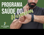 Arte com fundo verde. Destaque para a informação: PROGRAMA SAÚDE DO HOMEM. Ao fundo imagem de um homem com a mão no pescoço aferindo o batimento cardíaco. 