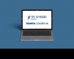 Arte com fundo azul e ao centro um imagem de um notebook aberto e a informação na tela: TRT-16 TRAMITA GOV.BR