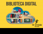 Livros e notebook organizados em prateleiras no formato de nuvem sobre fundo amarelo. No topo, texto BIBLIOTECA DIGITAL em letras maiúsculas na cor preta. 