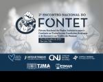 Arte com fundo cinza. Destaque para a mensagem: 2º ENCONTRO NACIONAL DO FONTET - Fórum Nacional do Poder Judiciário para o Combate ao Trabalho em condições análogas à de Escravo e ao Tráfico de Pessoas. 29 a 30 de julho 2025. São Luis (MA). Na parte inferior a logo da campanha Coração Azul e das instituições Justiça do Trabalho (TRT16), CNJ, TJMA, Justiça Federal e ESMAM.