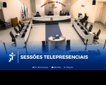 Arte feita com a foto do Plenário do TRT-16 e o destaque na parte inferior: SESSÕES TELEPRESENCIAIS