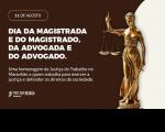 Arte de fundo marrom com elemento arredondado branco e escultura da deusa da justiça em dourado à direita. À esquerda, textos brancos referentes à data comemorativa e a logomarca do TRT-16,