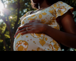 Foto parcial de uma mulher grávida, de pele escura e usando um vestido estampado de floral amarelo e branco, com a s mãos pousadas sobre a barriga. Atrás dela, árvores iluminadas por raios de sol.