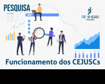 Imagem de fundo cinza claro com ilustrações de pessoas e ícones de pesquisa. No canto superior esquerdo, a palavra PESQUISA em azul escuro. No canto superior direito, a logomarca do TRT-16. Na base, o texto azul escuro FUNCIONAMENTO DOS CEJUSCS.