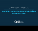 Imagem com fundo azul escuro. Ao centro, nome da consulta pública em textos branco e azul claro. Na base, logomarca do CNJ centralizada.