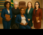 Arte feita com imagens de cinco mulheres. A figura representa a diversidade feminina na cor, idade e atuação profissional