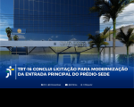Arte feita com a nova fachada do prédio sede do TRT. Na parte inferior a informação: TRT-16 conclui licitação para modernização da entrada principal do prédio-sede.