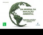 Imagem em fundo branco mostra o planeta Terra formado por árvores verdes. Ao centro, o texto “Dia Mundial da Educação Ambiental” e, acima, “26 de janeiro”. Abaixo, a frase “Despertando consciência para preservar nossa existência”. No rodapé, aparecem o selo do ODS 15 – Vida Terrestre e o logotipo do TRT-16 – Setor de Gestão Socioambiental.